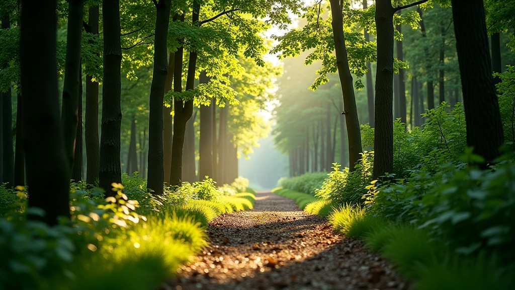Lesní cesta klesající do údolí, se stromovím na obou stranách, měkké dневное освещение filtrované skrze listí