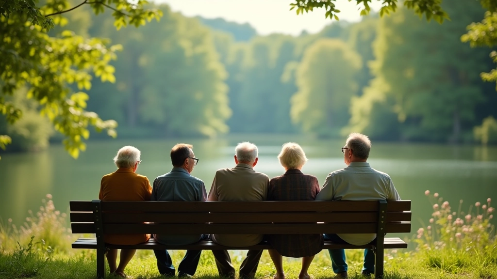 Skupina seniorů odpočívajících na lavičce s výhledem na les a přehradu