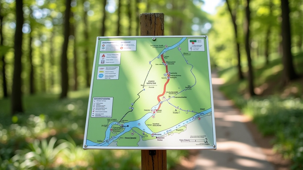 Mapový podklad oblasti s trasou značenou čárou, parkoviště a informační cedule