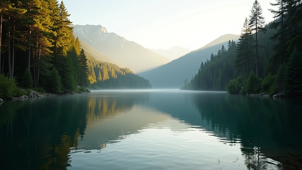 Tiché lesní jezero s reflexí oblohy, sluneční paprsek prosvítá mezi stromy
