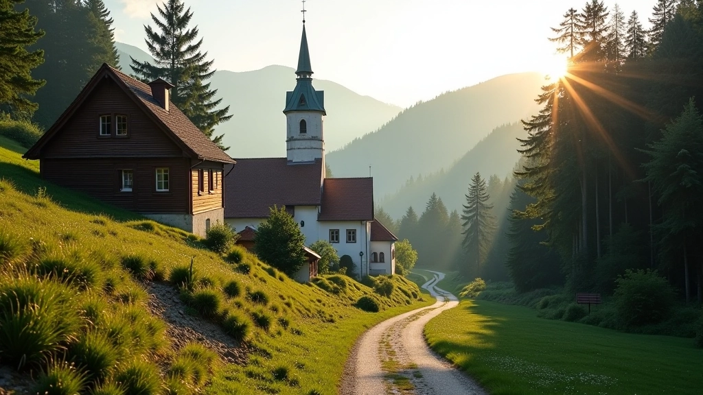 Malá horská vesnice s tradiční českou architekturou, kostel v pozadí, cesta vedoucí do lesa